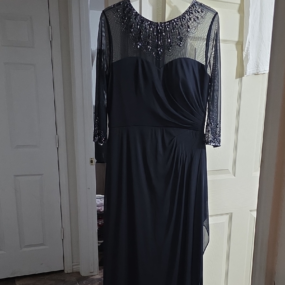 Alex Evenings Navy Blue Long Sleeve Dress with Beaded Neckline